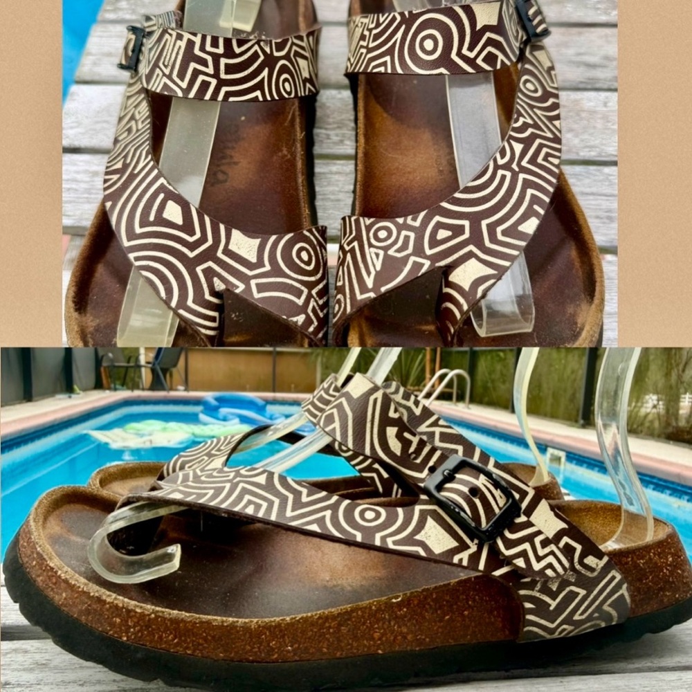 Birkenstock Betula Beige/Brown Aztec Geo Design Sandals Women’s 7